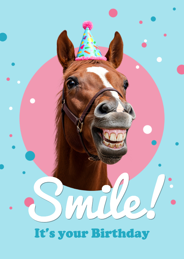 Verjaardagskaarten - Verjaardagskaart grappig paard smile birthday confetti