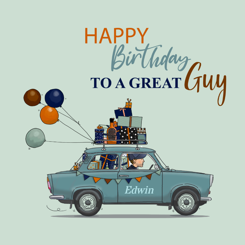 Verjaardagskaarten - Verjaardagskaart grappige auto met kadootjes 