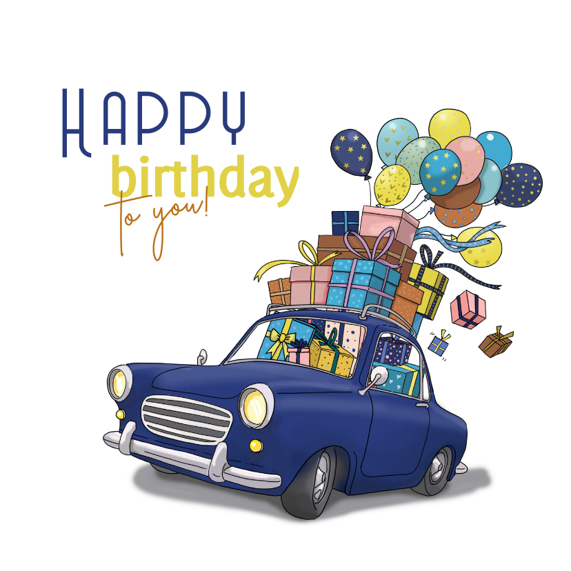 Verjaardagskaarten - Verjaardagskaart grappige auto met pakjes 