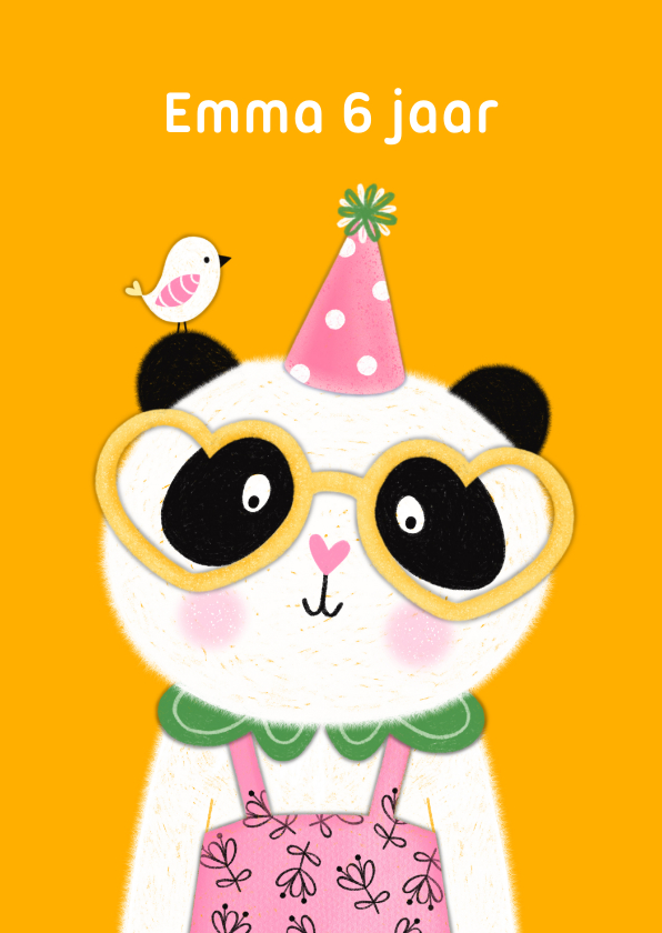 Verjaardagskaarten - Verjaardagskaart grappige panda feestmuts vogel oranje
