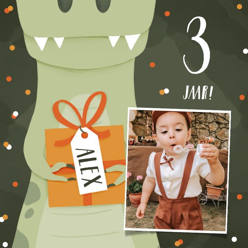Verjaardagskaarten - Verjaardagskaart groen met dinosaurus cadeautje en foto 