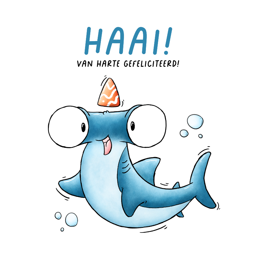 Verjaardagskaarten - Verjaardagskaart hamerhaai met feesthoedje "Haai!"