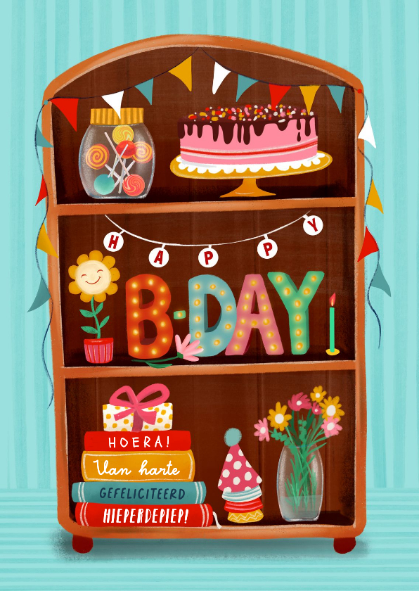 Verjaardagskaart 'Happy B-Day-kast' - Verjaardagskaarten Verjaardagskaarten - Verjaardagskaart 'Happy B-Day-kast'