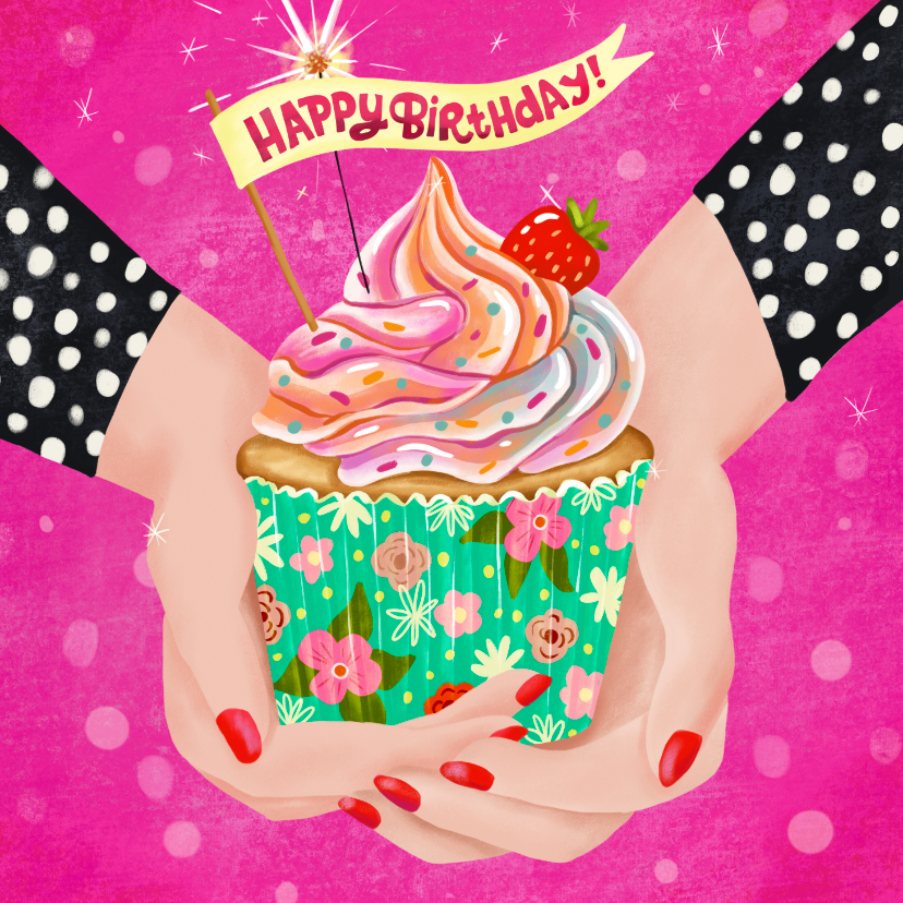 Verjaardagskaarten - Verjaardagskaart happy birthday handen met cupcake