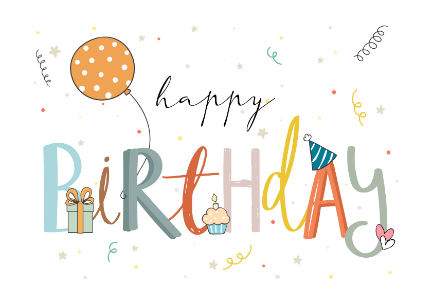 Verjaardagskaarten - Verjaardagskaart - Happy Birthday met confetti en ballon