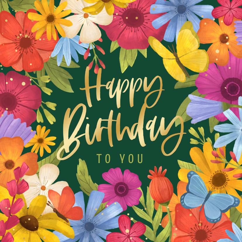 Verjaardagskaarten - Verjaardagskaart happy birthday vrolijk bloemen kleurrijk