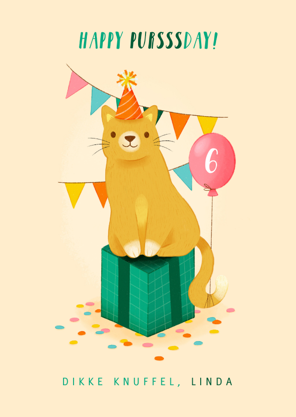 Verjaardagskaarten - Verjaardagskaart "Happy pursssday" kat, cadeau en slingers