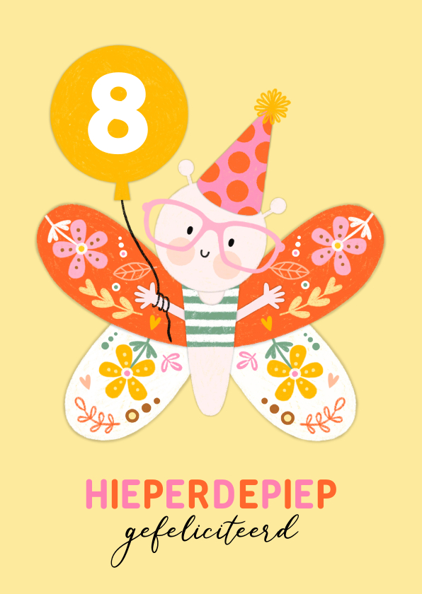Verjaardagskaarten - Verjaardagskaart happy vlinder feestmuts geel oranje roze