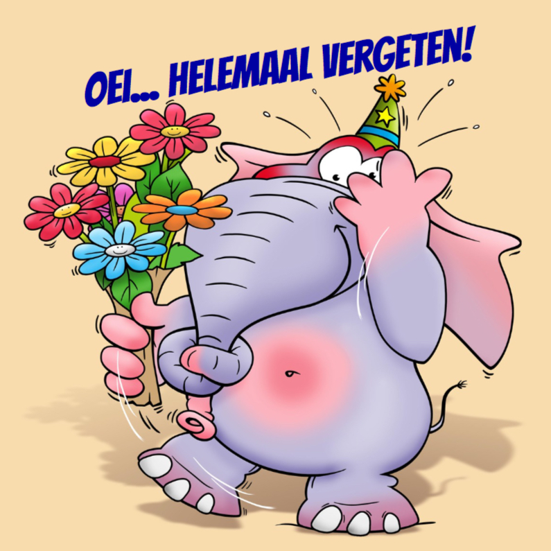 Verjaardagskaart Helemaal vergeten knoopje in slurf - Verjaardagskaarten Verjaardagskaarten - Verjaardagskaart Helemaal vergeten knoopje in slurf
