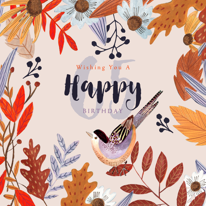 Verjaardagskaart herfst bloemen en vogeltje - Verjaardagskaarten Verjaardagskaarten - Verjaardagskaart herfst bloemen en vogeltje