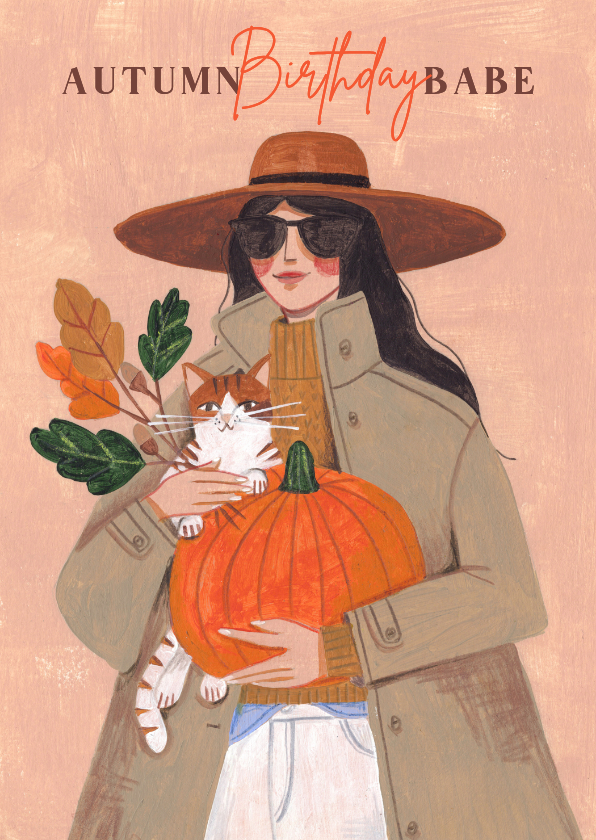 Verjaardagskaart herfst vrouw met kat en pompoen - Verjaardagskaarten Verjaardagskaarten - Verjaardagskaart herfst vrouw met kat en pompoen