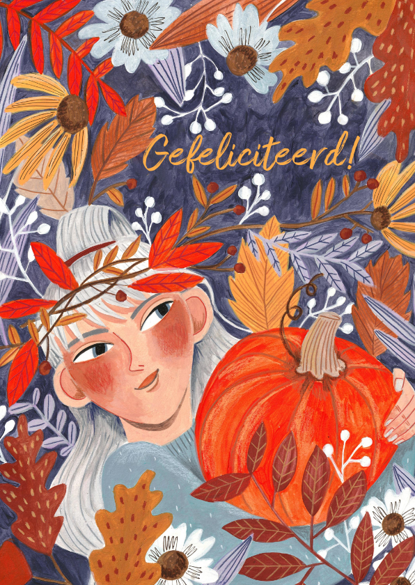 Verjaardagskaart herfstbladeren meisje - Verjaardagskaarten Verjaardagskaarten - Verjaardagskaart herfstbladeren meisje
