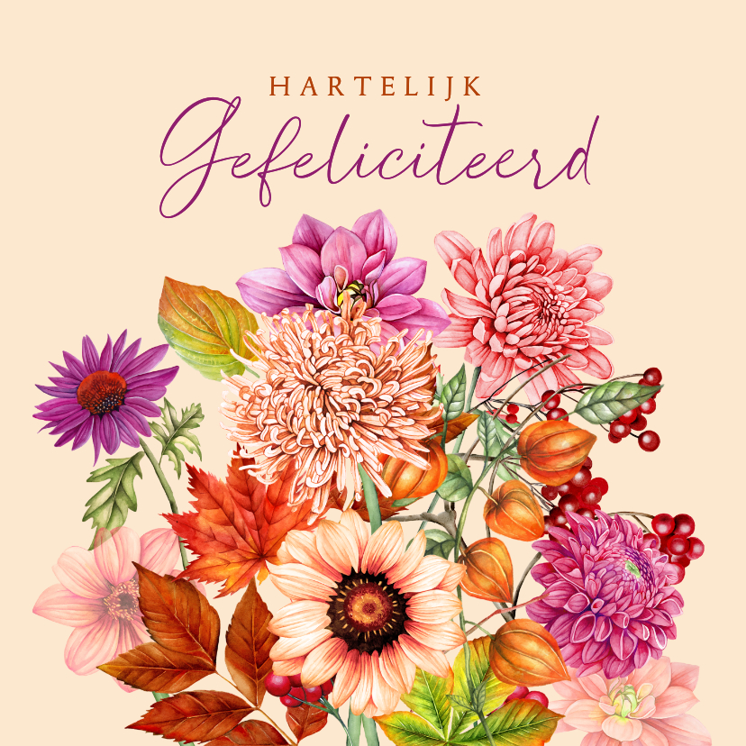 Verjaardagskaart herfstboeket dahliabloemen - Verjaardagskaarten Verjaardagskaarten - Verjaardagskaart herfstboeket dahliabloemen
