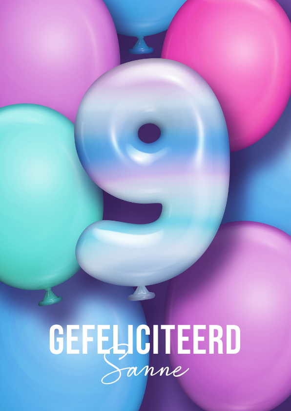 Verjaardagskaart hip 9 jaar ballonnen holografisch paars - Verjaardagskaarten Verjaardagskaarten - Verjaardagskaart hip 9 jaar ballonnen holografisch paars