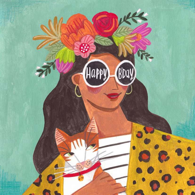 Verjaardagskaarten - Verjaardagskaart hip vrouw met bloemen en zonnebril