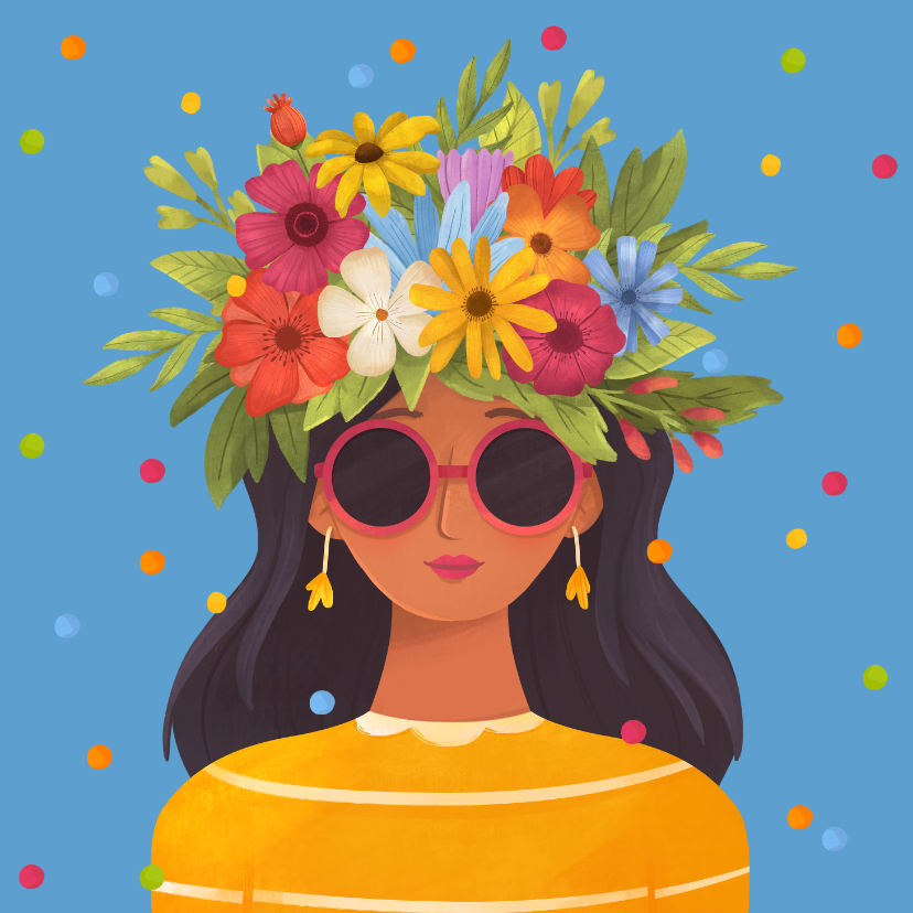 Verjaardagskaarten - Verjaardagskaart hip vrouw met bloemen kleurrijk confetti