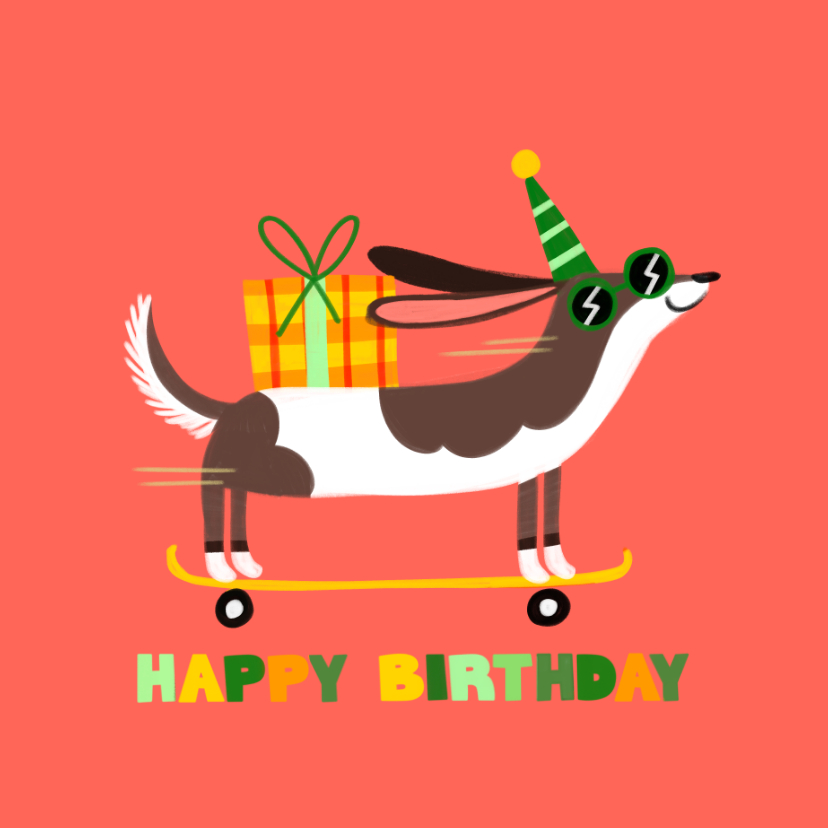 Verjaardagskaart hippe teckel op skateboard rood - Verjaardagskaarten Verjaardagskaarten - Verjaardagskaart hippe teckel op skateboard rood