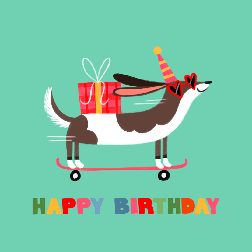 Verjaardagskaart hippe teckel op skateboard roze - Verjaardagskaarten Verjaardagskaarten - Verjaardagskaart hippe teckel op skateboard roze