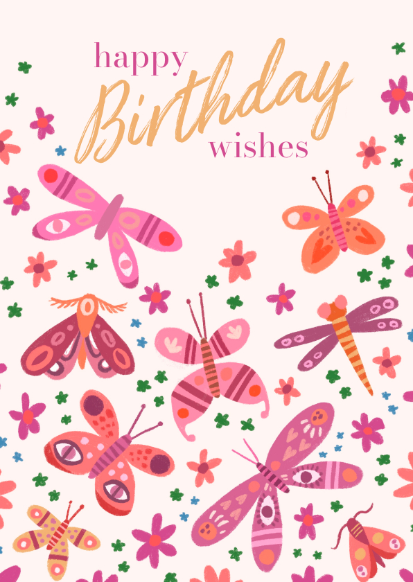 Verjaardagskaarten - Verjaardagskaart hippe vlinders motten en libelle
