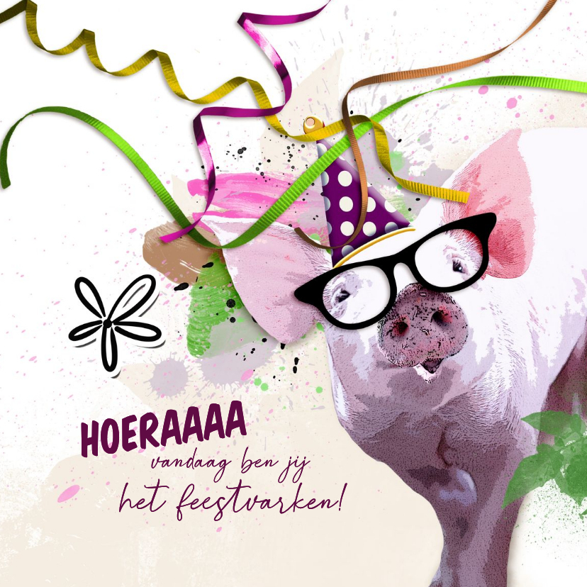 Verjaardagskaart hoera feestvarken - Verjaardagskaarten Verjaardagskaarten - Verjaardagskaart hoera feestvarken