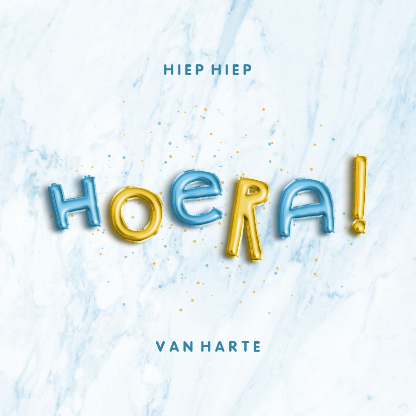 Verjaardagskaart 'hoera' folieballonnen blauw met goud - Verjaardagskaarten Verjaardagskaarten - Verjaardagskaart 'hoera' folieballonnen blauw met goud