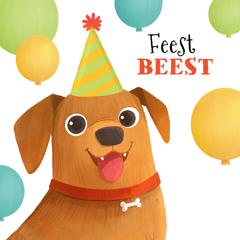 Verjaardagskaarten - Verjaardagskaart hond ballonnen feestbeest feestje