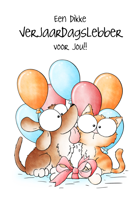 Verjaardagskaart hond en kat een dikke verjaardagslebber - Verjaardagskaarten Verjaardagskaarten - Verjaardagskaart hond en kat een dikke verjaardagslebber