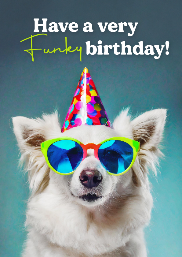 Verjaardagskaarten - Verjaardagskaart hond met funky bril en hoedje humor