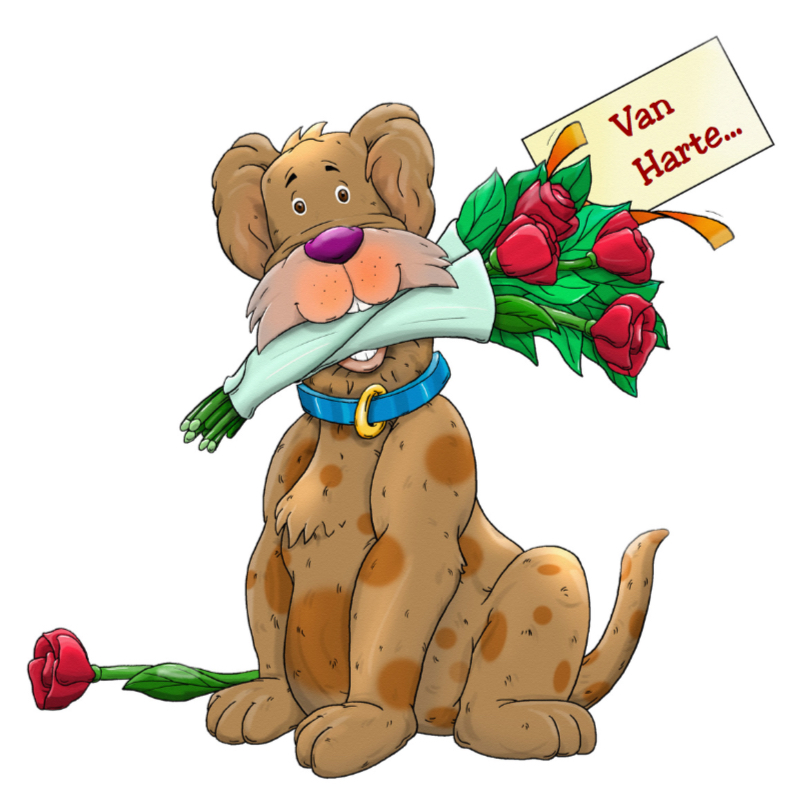 Verjaardagskaart Hond met rozen en label met tekst Van Harte - Verjaardagskaarten Verjaardagskaarten - Verjaardagskaart Hond met rozen en label met tekst Van Harte