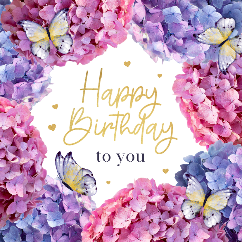 Verjaardagskaarten - Verjaardagskaart hortensia bloemen vlinders happy birthday