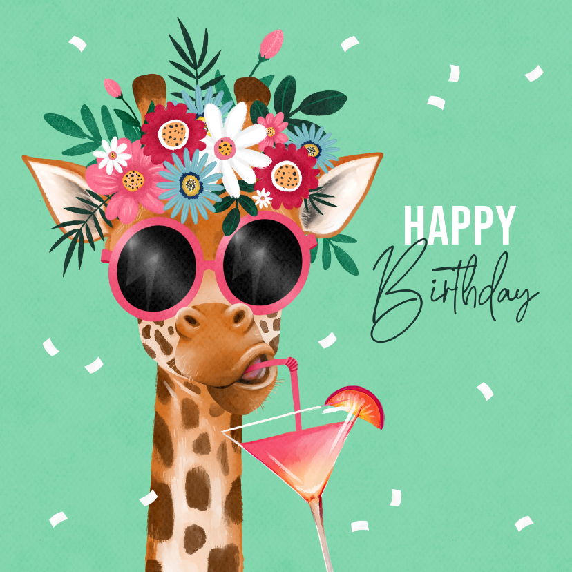 Verjaardagskaarten - Verjaardagskaart humor giraf cocktail bloemen zomer