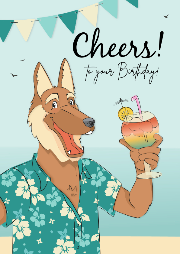 Verjaardagskaarten - Verjaardagskaart humor hond met cocktail in hawaii shirt