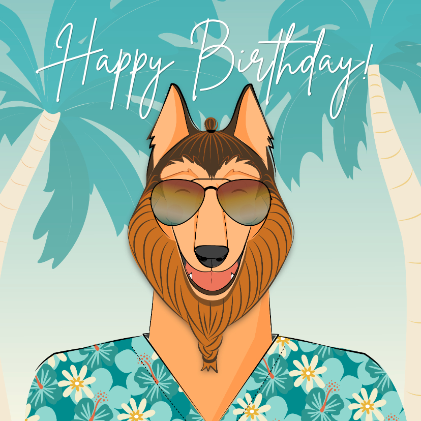 Verjaardagskaarten - Verjaardagskaart humor hond met zonnebril in hawaii shirt