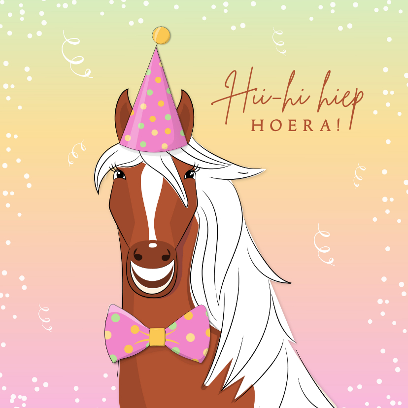 Verjaardagskaarten - Verjaardagskaart humor illustratie paard met feestmuts op