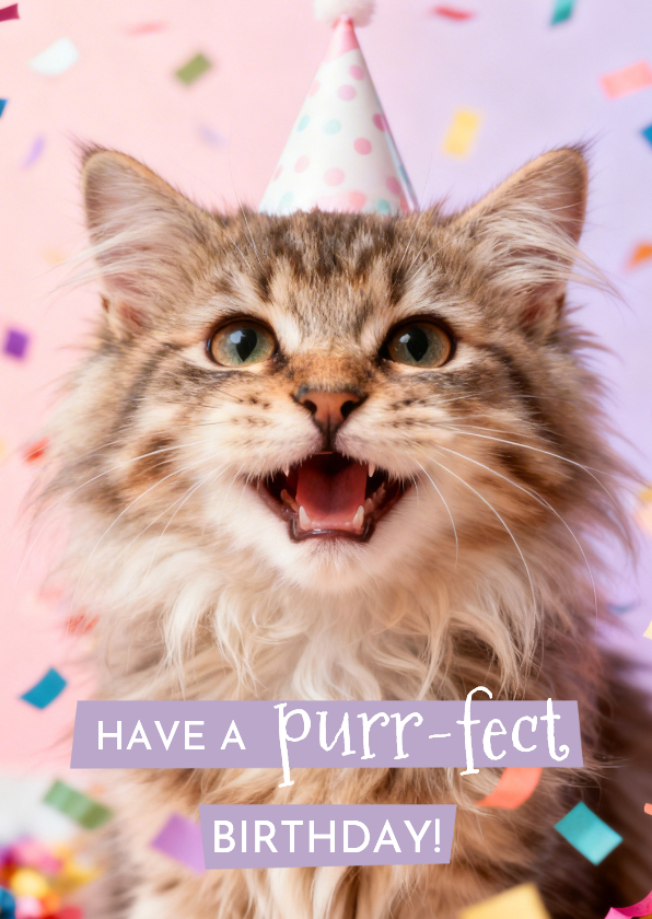 Verjaardagskaarten - Verjaardagskaart humor kat confetti purrfect birthday