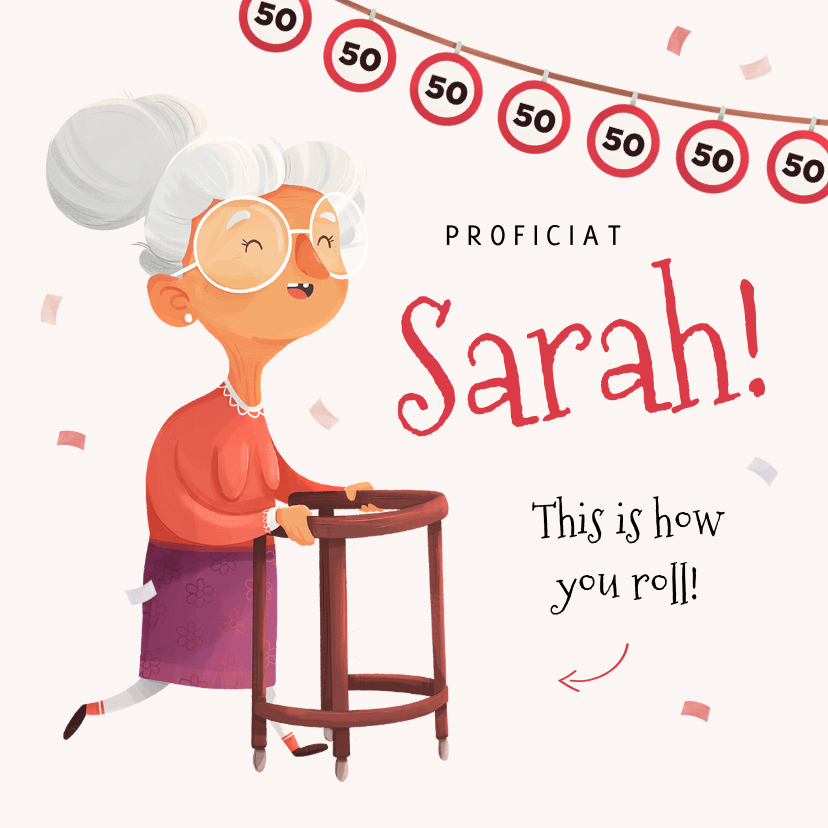 Verjaardagskaart Humor Sarah 50 Confetti | Kaartje2Go