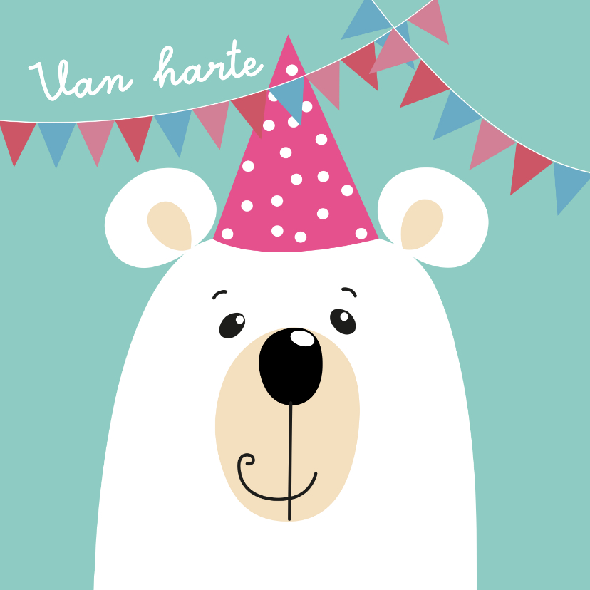Verjaardagskaart - IJsbeer met roze feestmuts - Verjaardagskaarten Verjaardagskaarten - Verjaardagskaart - IJsbeer met roze feestmuts