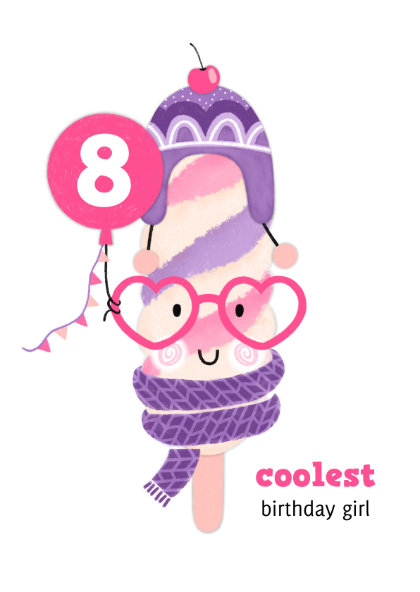 Verjaardagskaarten - Verjaardagskaart ijsje sjaal muts ballon paars