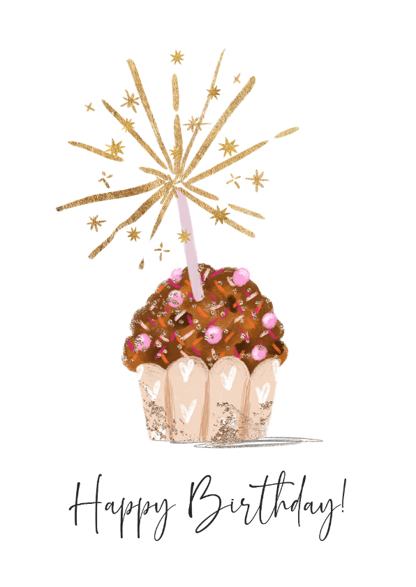 Verjaardagskaarten - Verjaardagskaart illustratie muffin kaars sterren goudlook