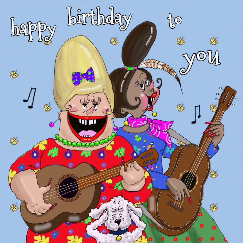 Verjaardagskaart illustratie serenade op gitaar - Verjaardagskaarten Verjaardagskaarten - Verjaardagskaart illustratie serenade op gitaar