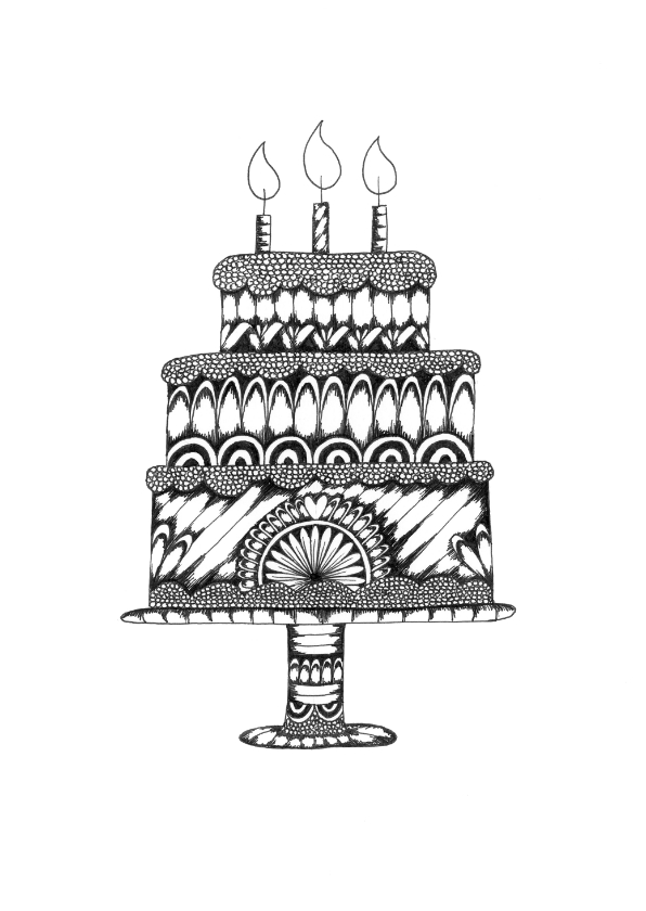 Verjaardagskaart illustratie taart zwart wit - Verjaardagskaarten Verjaardagskaarten - Verjaardagskaart illustratie taart zwart wit