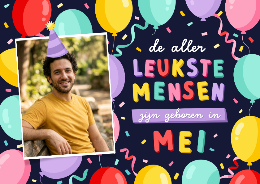 Verjaardagskaarten - Verjaardagskaart jarig in mei met foto en confetti