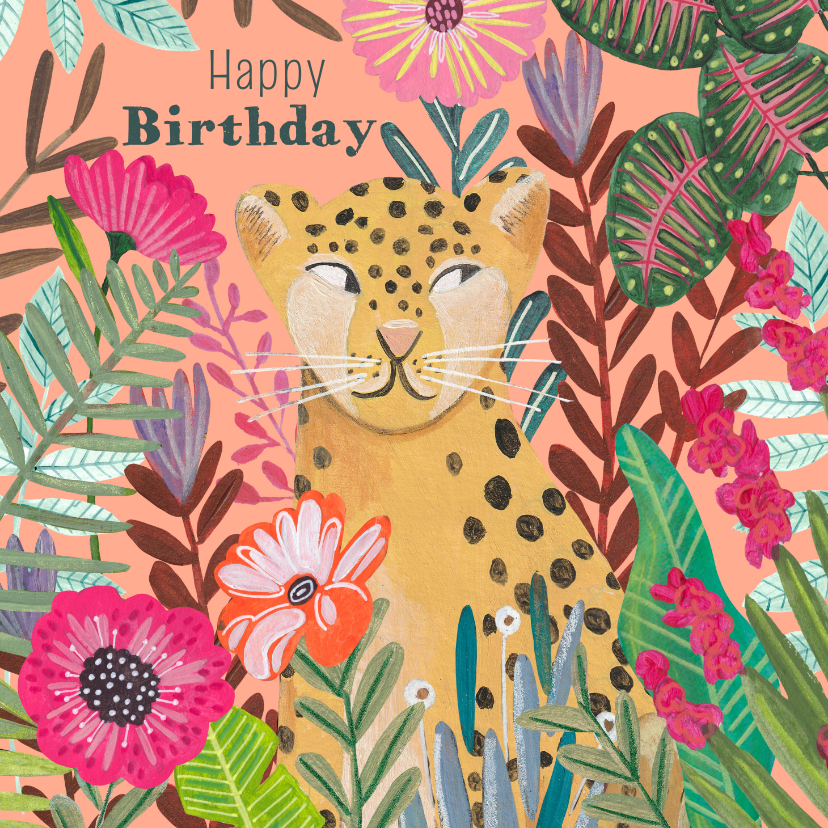 Verjaardagskaarten - Verjaardagskaart jarig luipaard met bloemen