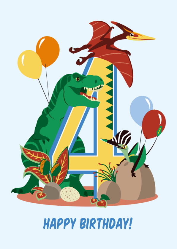 Verjaardagskaarten - Verjaardagskaart jongen 4 jaar met dinosaurussen