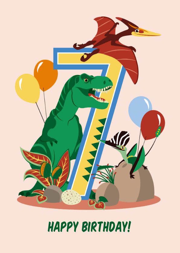 Verjaardagskaarten - Verjaardagskaart jongen 7 jaar met dinosaurussen