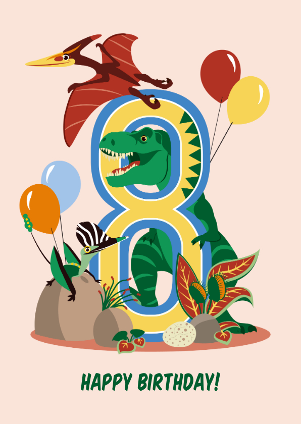 Verjaardagskaarten - Verjaardagskaart jongen 8 jaar met dinosaurussen