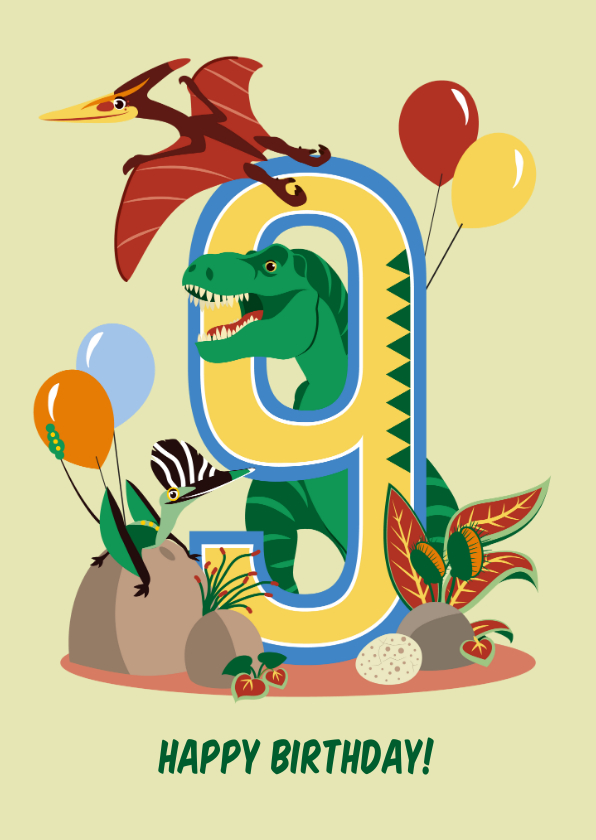 Verjaardagskaarten - Verjaardagskaart jongen 9 jaar met dinosaurussen