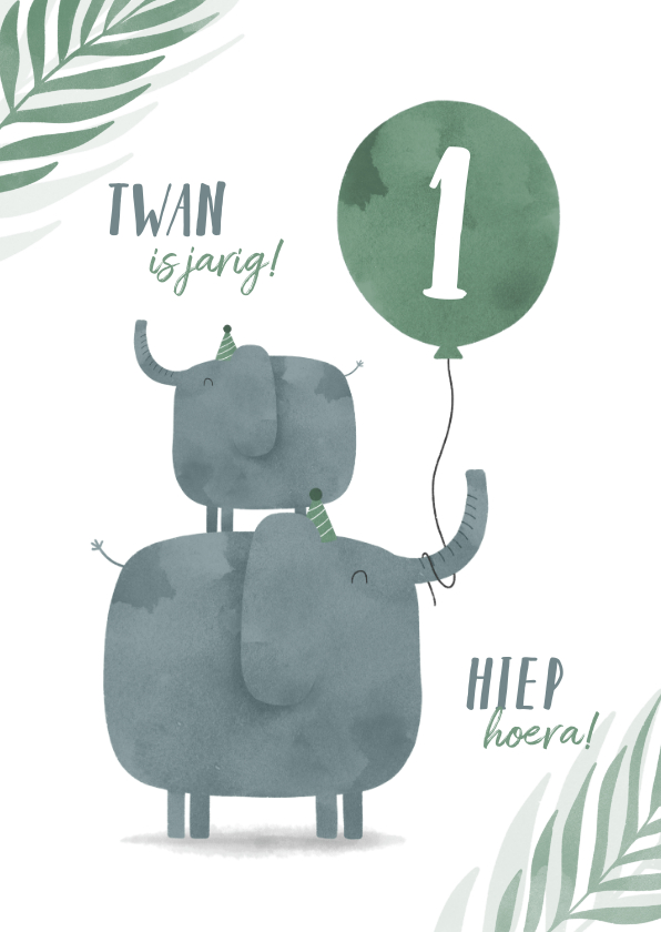 Verjaardagskaarten - Verjaardagskaart jungle 2 olifantjes met ballon en leeftijd