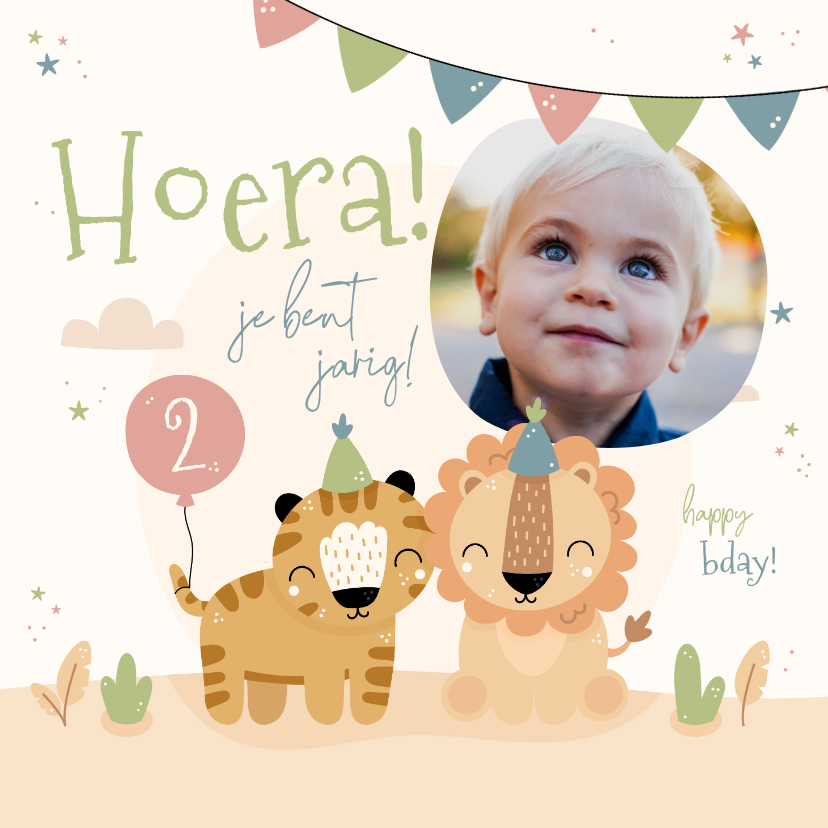 Verjaardagskaarten - Verjaardagskaart jungle met foto en feestende diertjes