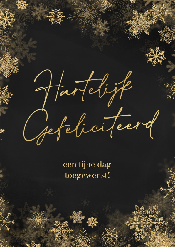 Verjaardagskaarten - Verjaardagskaart kader sneeuwvlokjes goud gefeliciteerd